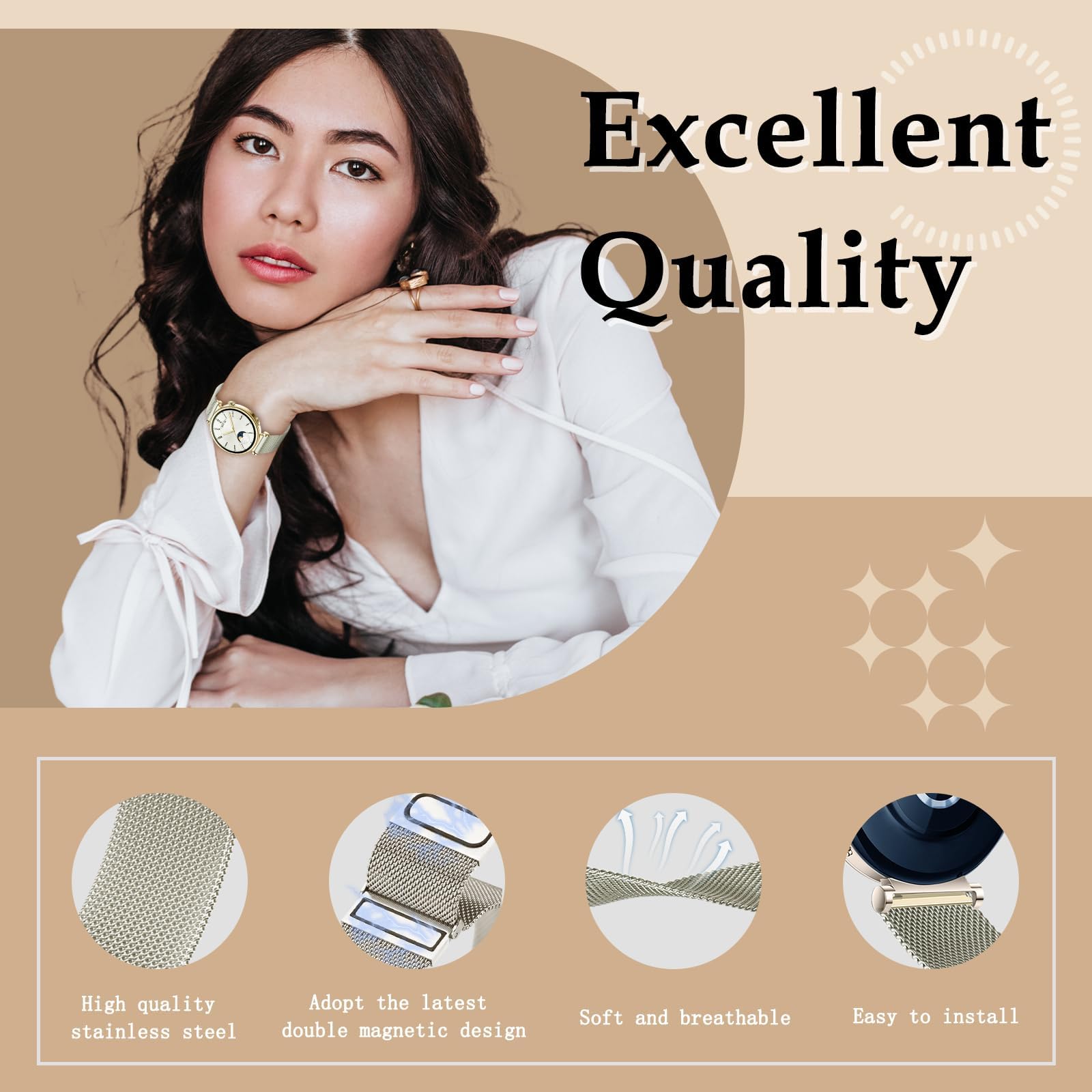 KoGiio 22 mm Watch Strap for Huawei Watch GT 5 Pro 46mm/ 5 46mm, Magnetic Metal Replacement Strap Starlight - Image 2