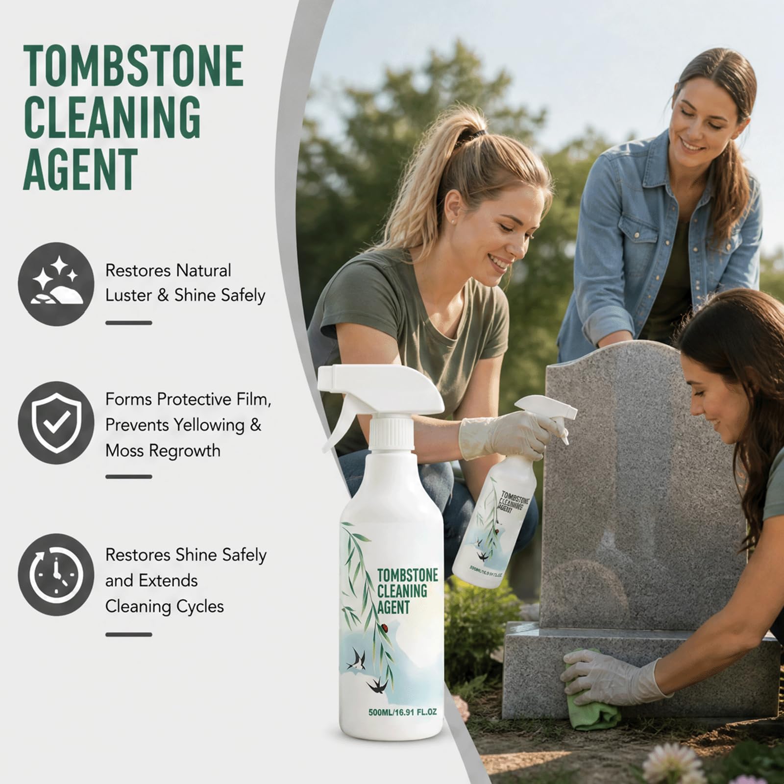 Spray de limpieza seguro y no abrasivo para lápidas y monumentos, elimina el musgo duro, la suciedad y las manchas de agua al instante, sin daños, restaura el brillo y forma una película protectora