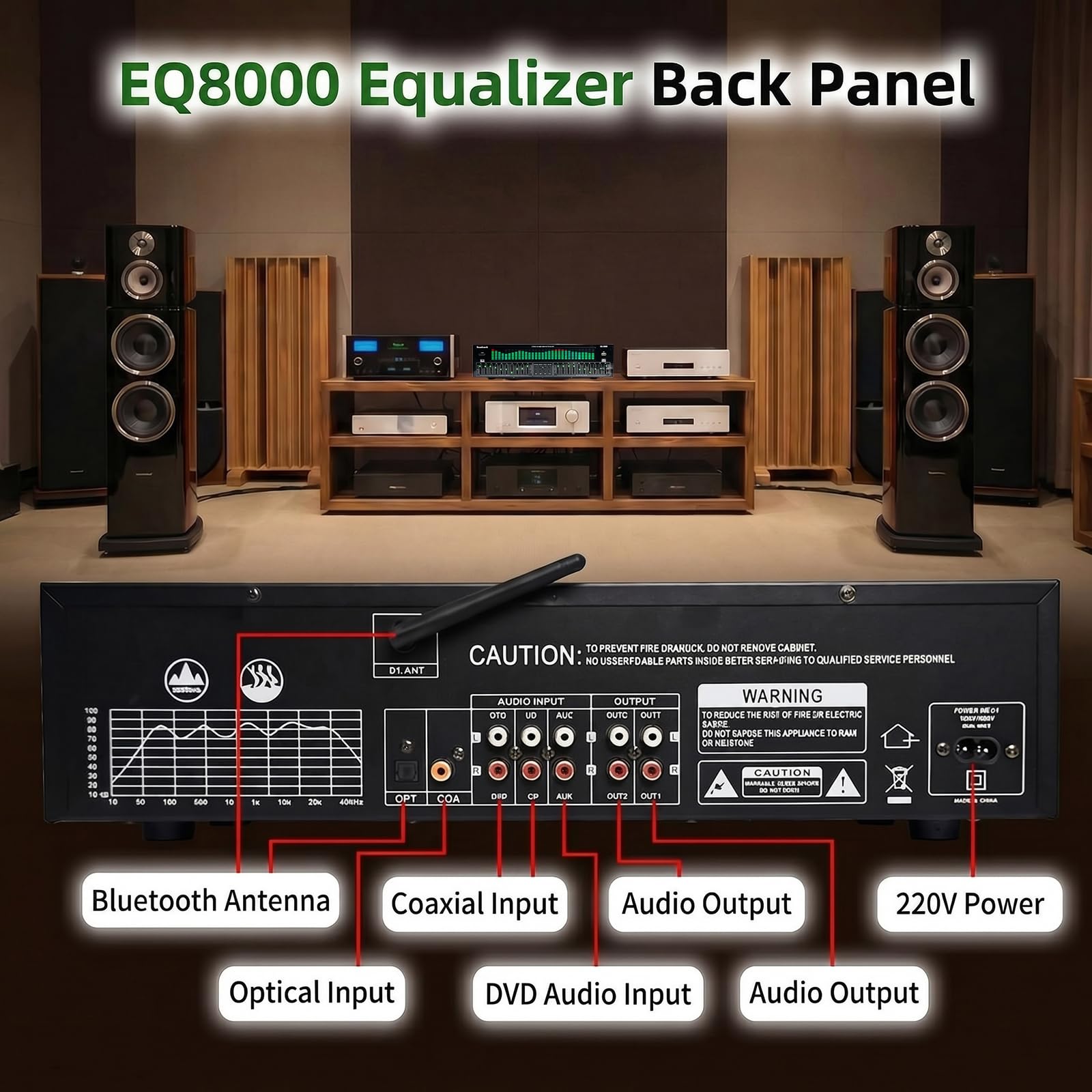 31-pasmowy ekwalizer cyfrowy, stereofoniczny graficzny EQ, analizator spektrum muzyki, dekodowanie cyfrowego audio Bluetooth 5.4 optycznego koaksjalnego, redukcja szumów, do studia nagraniowego