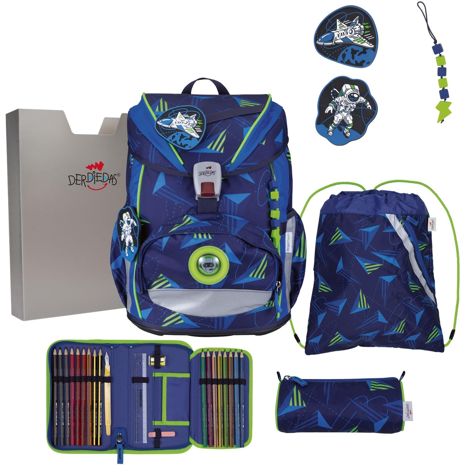 DerDieDas Schulranzen ErgoFlex Light LED Set 6-teilig Moon Mission blau
