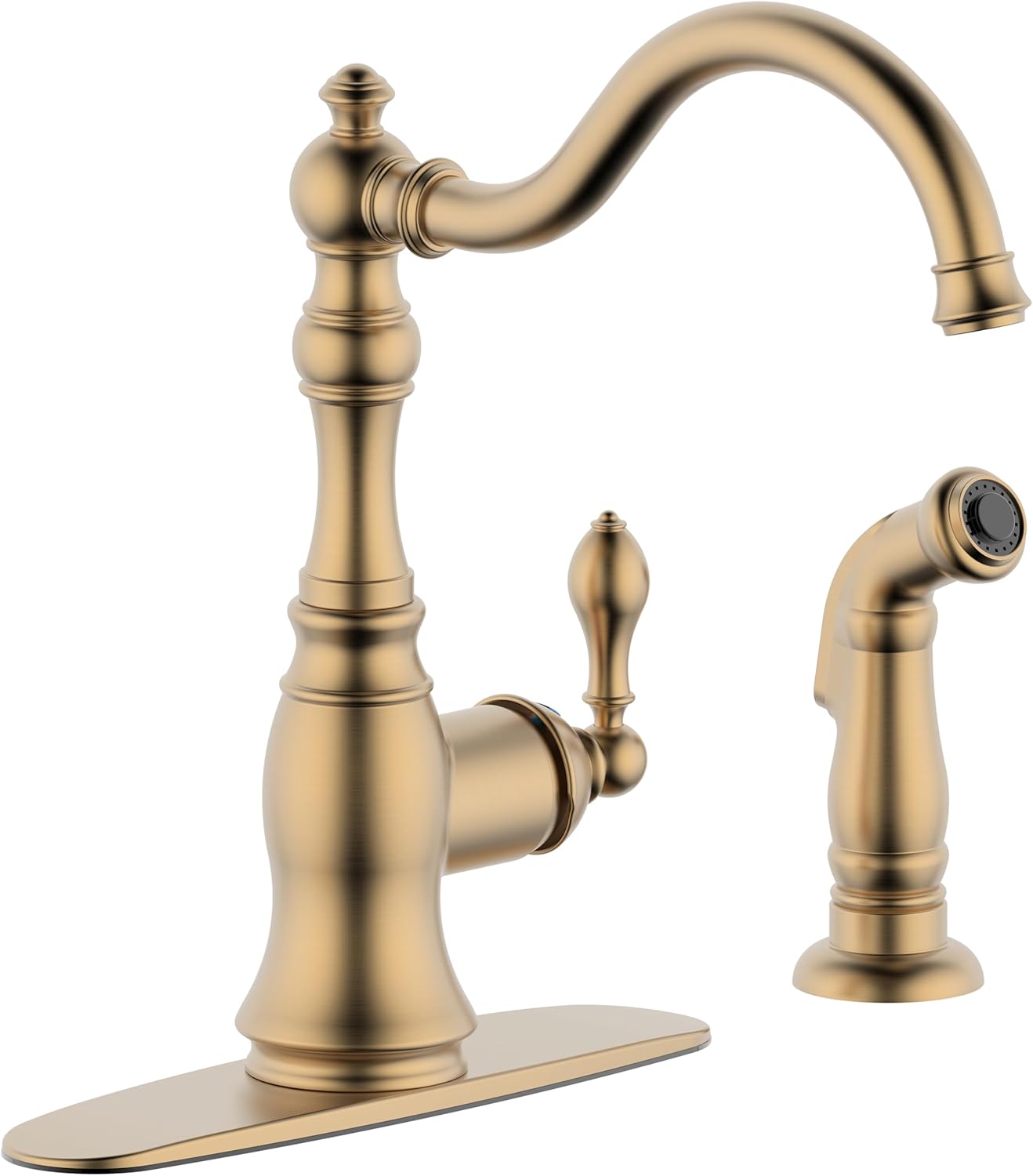 Brushed Gold Kitchen Faucet with Side Spray,8 Inch Single Handle Kitchen Sink Faucet with Deck Plate,2 Hole or 4 Hole Installation,Classic Style,KF-6832TB-BG