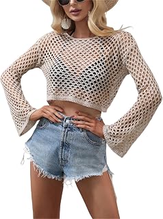 HOULENGS Women Mesh Crochet Crop Top Long Sleeve Hollow Out Knit Sweater Bikini Beach See Through Cover Ups