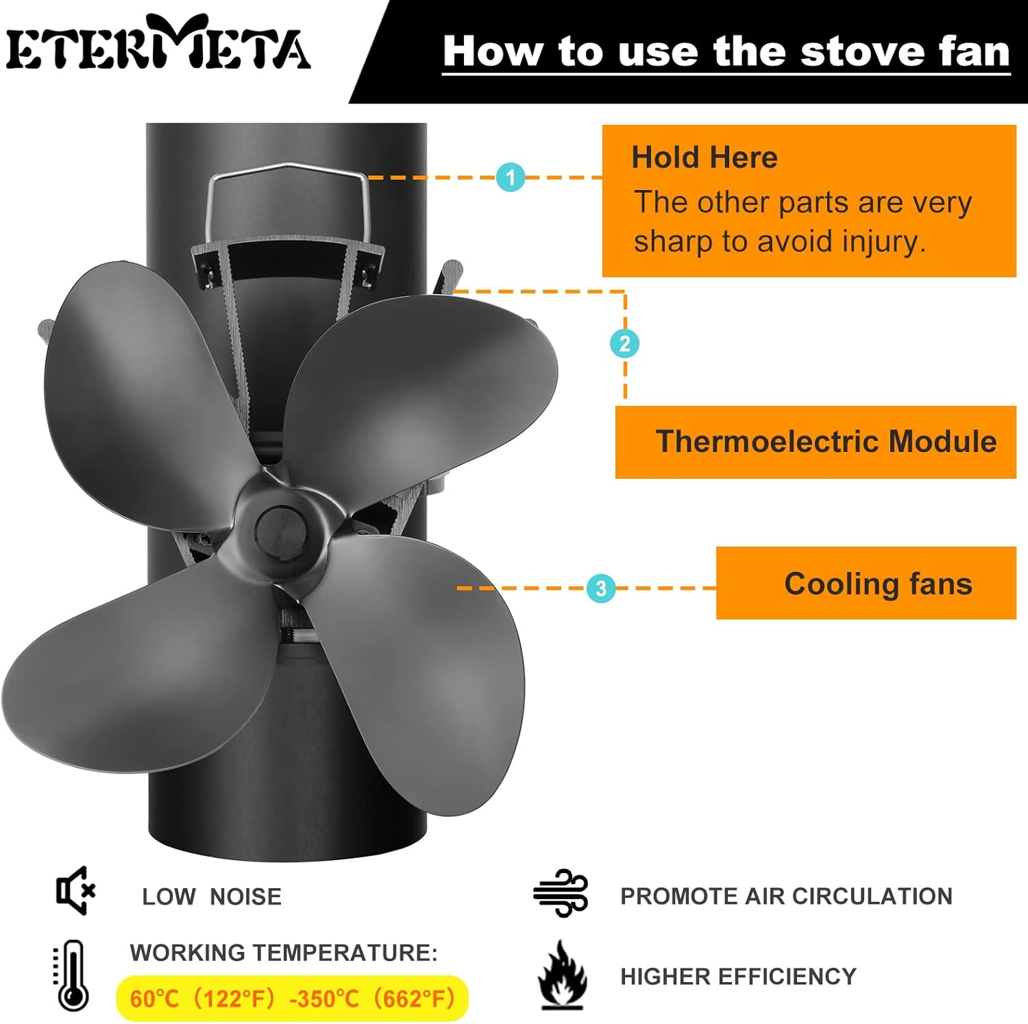 Review Product Etermeta Stove Fan, 4 Blade Pipe Hanging Fan, Heat Activated Fan for Wood Stove, with Stove Thermometer for Wood/Log Burner/Fireplace, Eco Friendly Efficiently Fireplace Fan