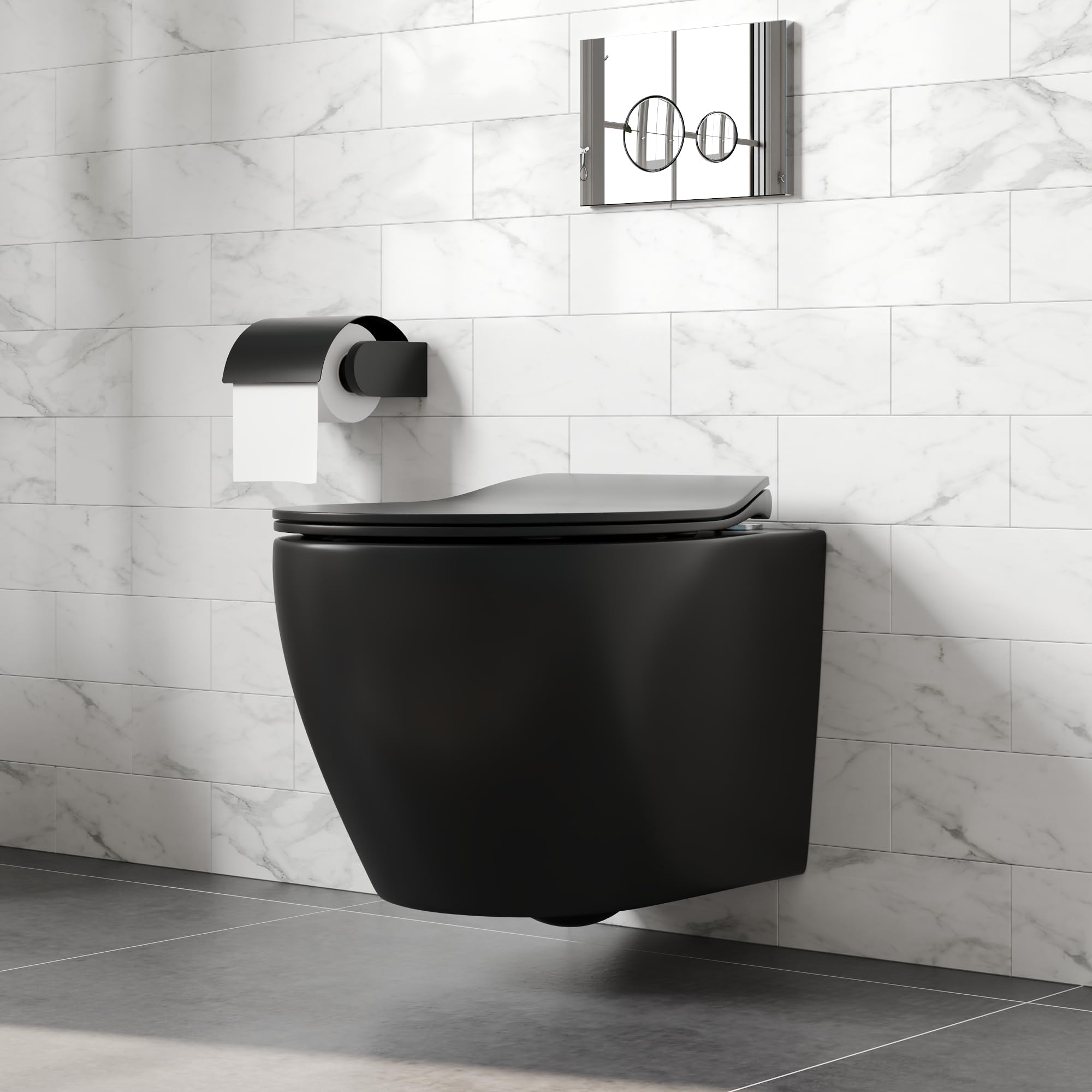 Wall Hung Toilet Without Cistern, DeerValley 1.6 GPF/1.1 GPF Double Flush Compact Rimless Ceramic Toilet Bowl with Soft Closed Seat - Black