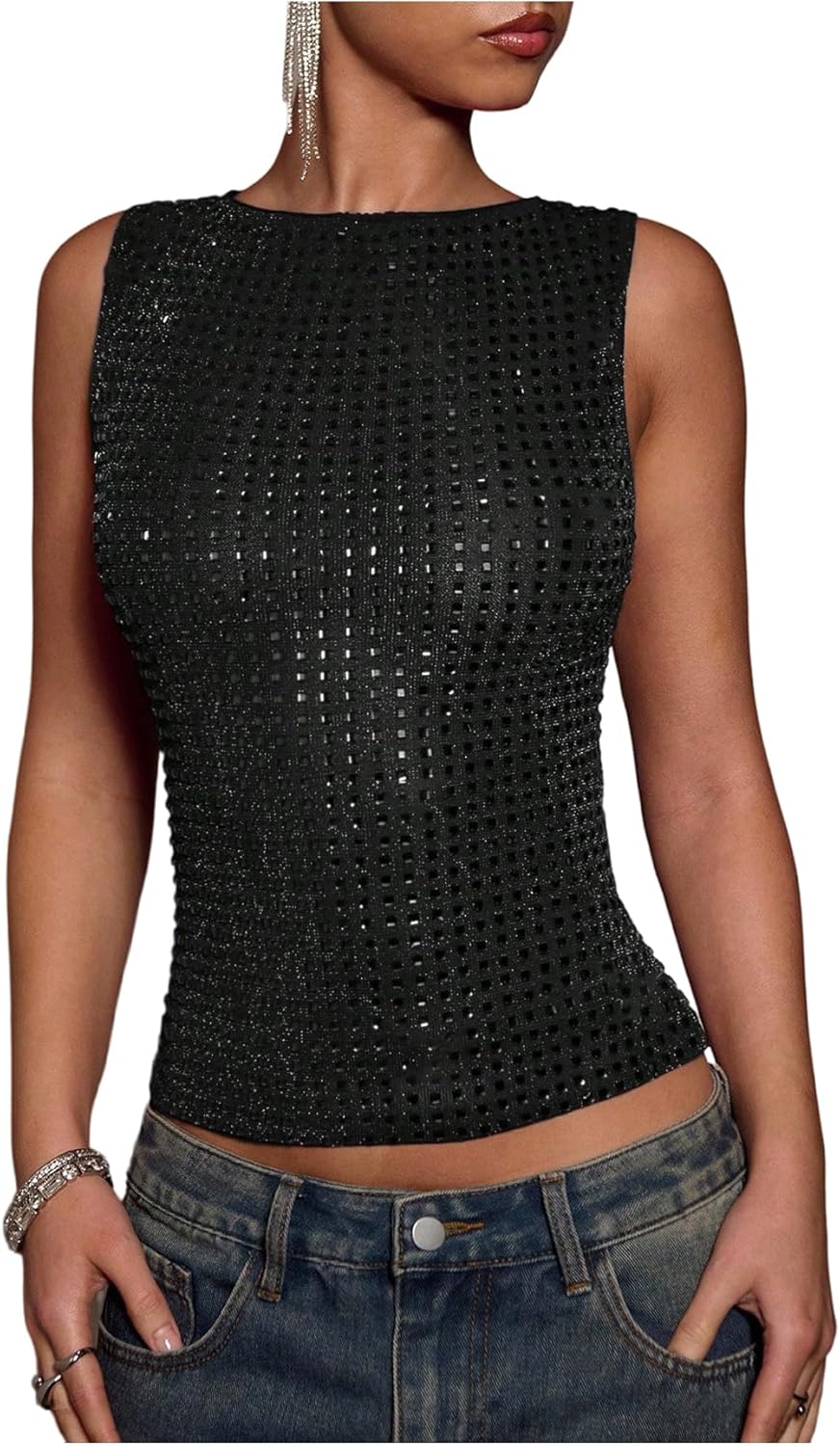 OYOANGLE Women's Sparkly Rhinestone Shirt Sleeveless Crew Neck Tanks Rave Top Concert Outfits