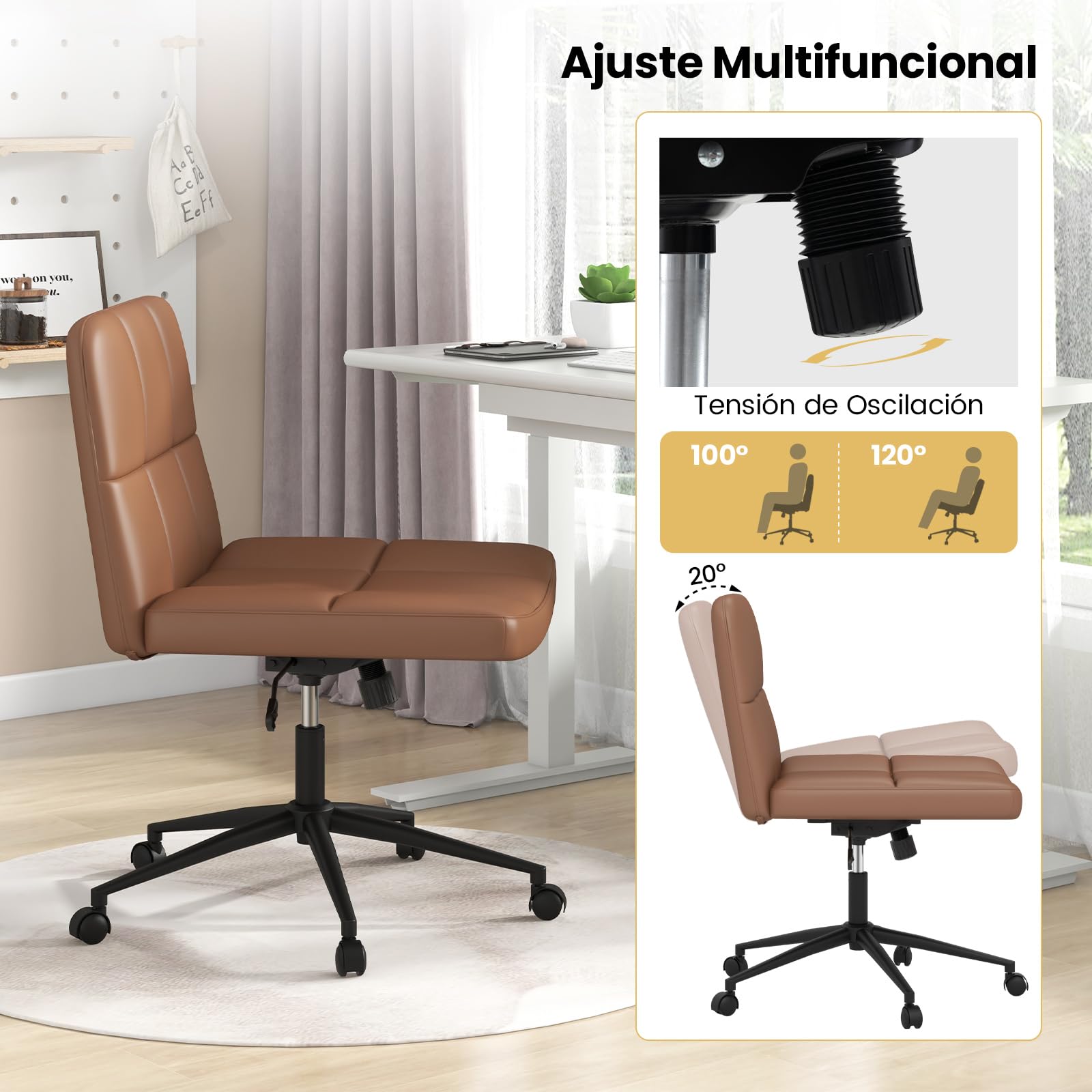 COSTWAY Silla Escritorio sin Brazos, Tapizada de Cuero de PU, Silla Oficina con Ruedas, Inclinable y Altura Ajustable, Silla Tocador Estudio Dormitorio Oficina, 70 x 70 x 79-87 cm (marrón)