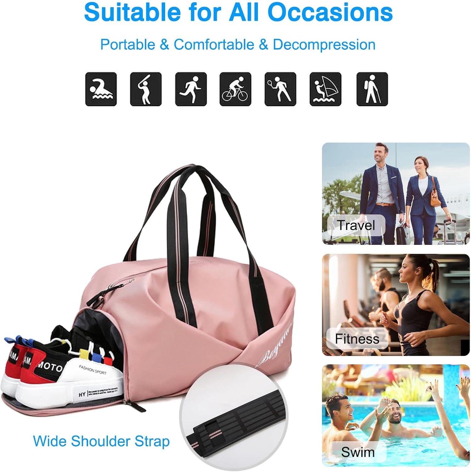 FANDARE Ultra-light Travel Handbag Sports Gym Bag Weekender Overnight Bags Women Men Duffle bag Workout Gym Swim Hospital Shoulder Bag with Wet & Dry Separation Pocket & Shoe Compartment Dark Pink