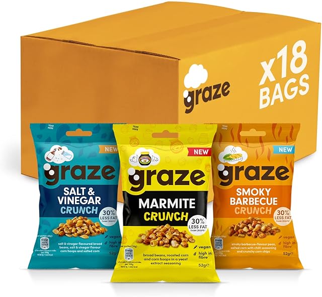 Graze - Healthy Snacks- Crisps Multipack of BBQ, Marmite & Salt Vinegar Bundle - 30% less fat than crisps- 18 Bags Mixed Bundle