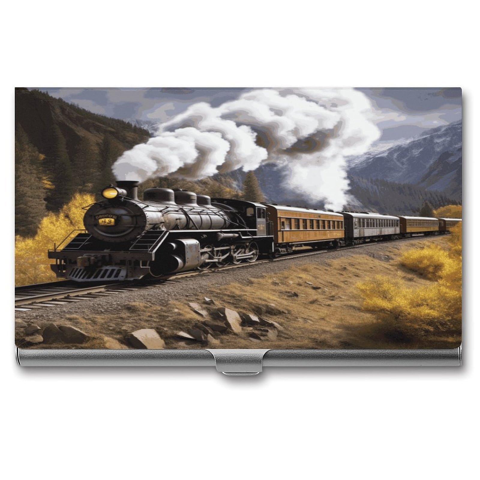 JTREHY Steam Locomotive Train Business Card Holder Slim Purse Name Card Holder Portable Metal Business Card Case Wallet Large Capacity Lightweight Business Card Case for Men Women