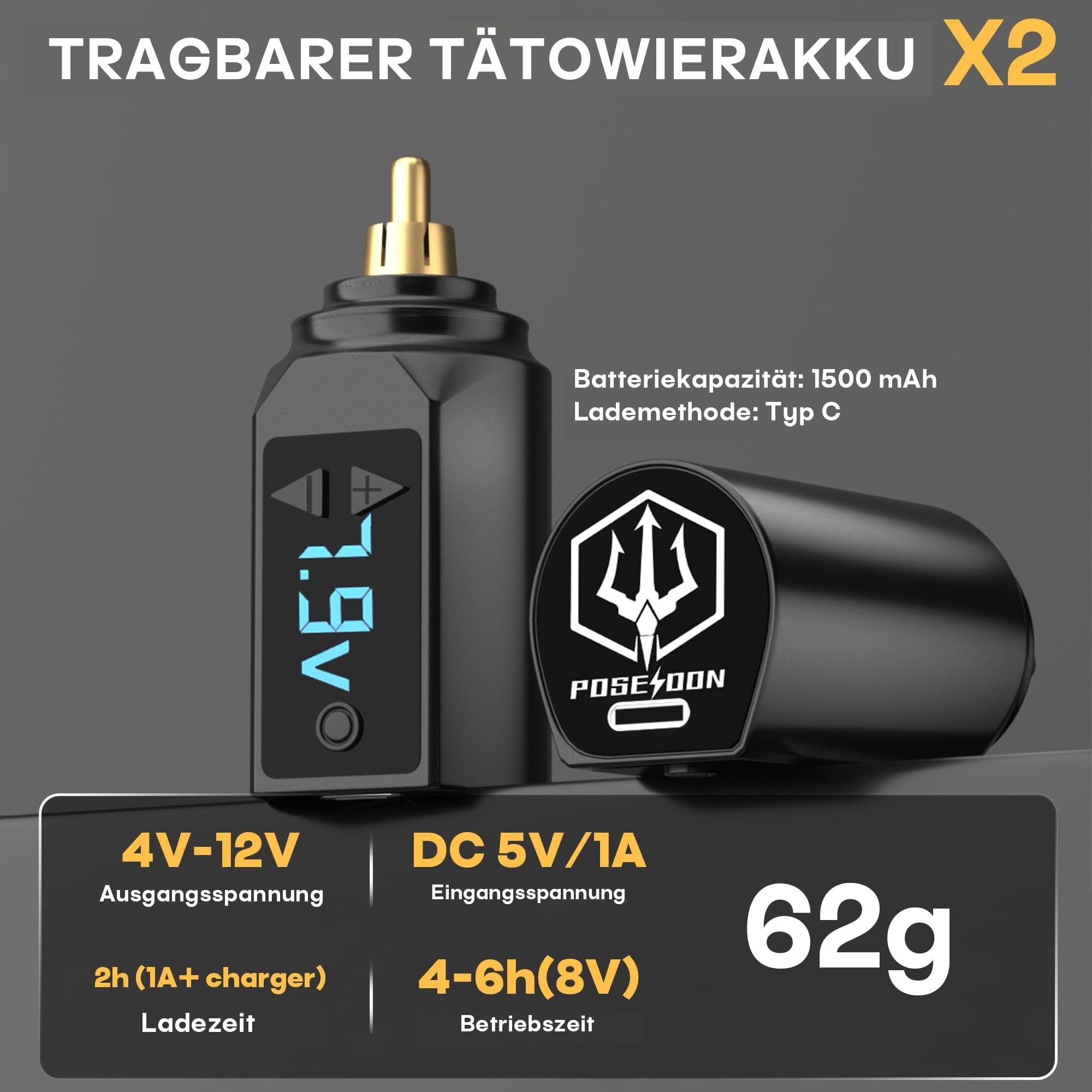 POSEIDON Akku-Rotary Tattoo Machine Kit mit 20 Tattoo-Kartuschennadeln, Tintenset & 2 Akkus | Professionelles Tattoo-Gerät für Anfänger | Komplettes Starter-Set