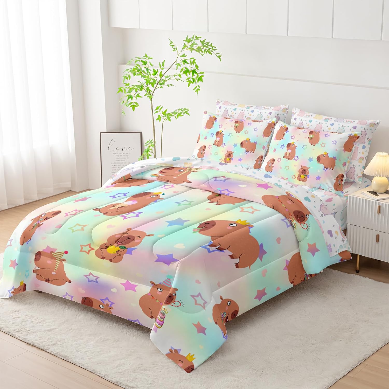 AILONEN 7-Piece Kawaii Capybara Comforter Set Twin Size,Girls Kids Bed in a Bag,Cute Cartoon Capybara Rainbow Comforter & Fitted Sheet & Flat Sheet & 2 Pillowcases,2 Pillow Shams