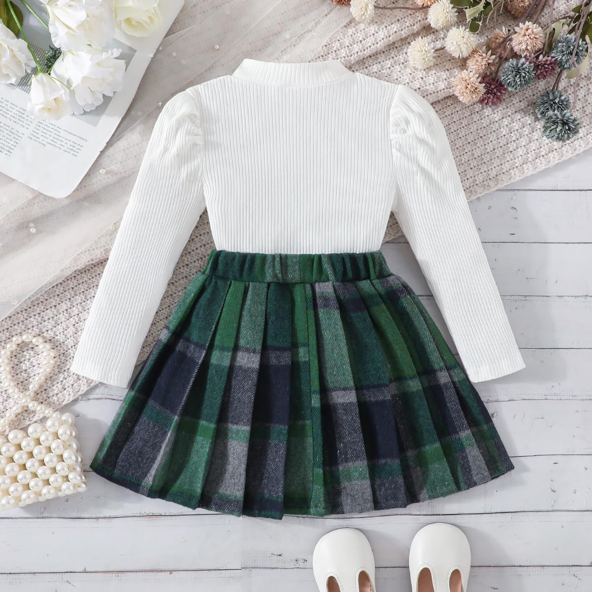 Toddler Girls Plaid Outfits Fall Winter Knit Ribbed Bow Sweatshirt Tops Pleated Skirts Set Holiday Picture Clothes - Image 3