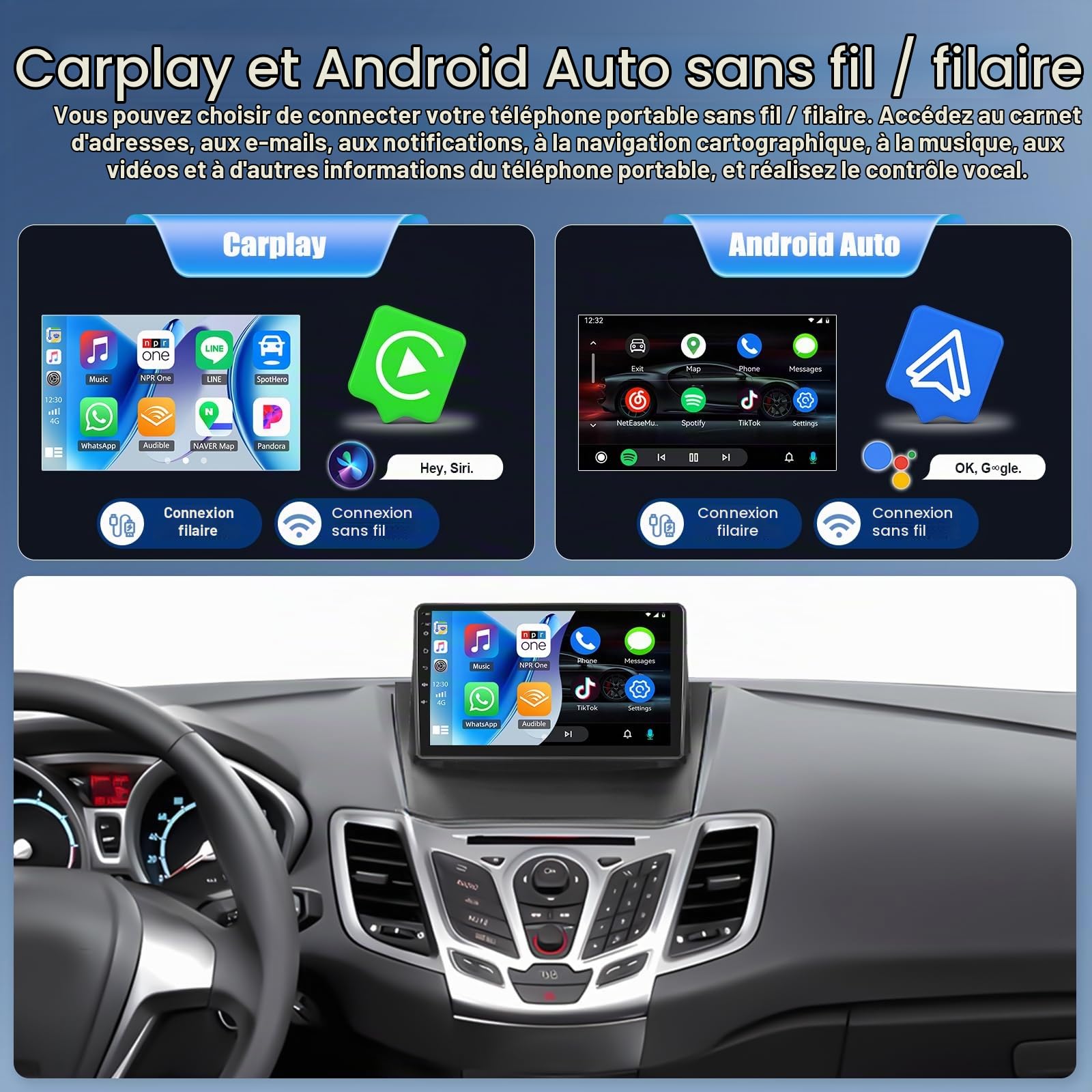 OiLiehu 2G+64G Android 13 Autoradio pour Ford Fiesta 2009-2014 avec CarPlay Android Auto sans Fil, 9“ IPS Écran Tactile Radio avec GPS WiFi Lien Miroir Bluetooth FM/RDS EQ SWC Caméra Arrière