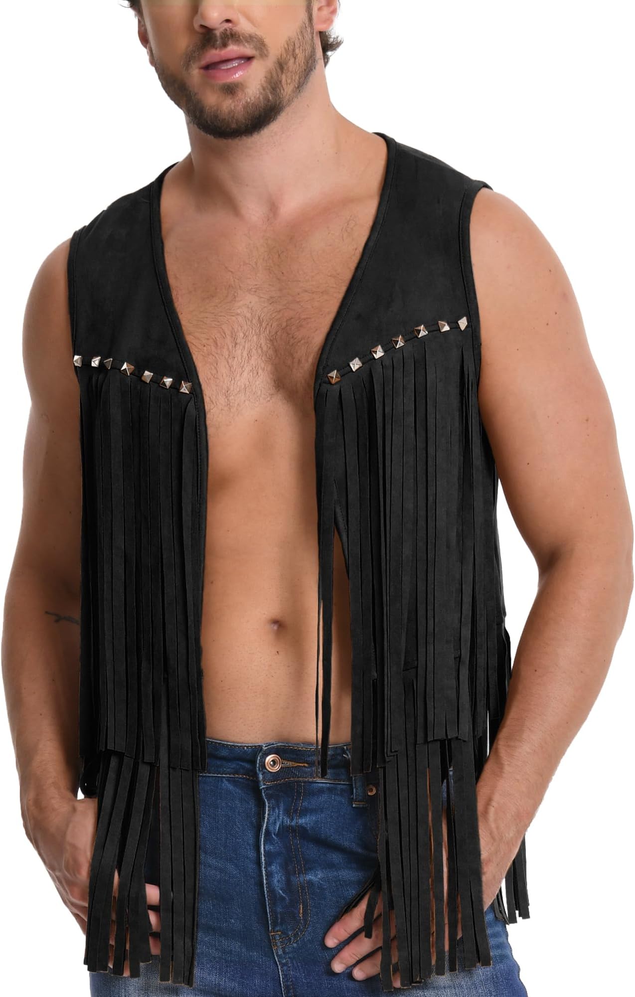 Men's Cowboy Fringe Gilet Sleeveless Tassel Jacket Coat Cowboy Open Front Cardigan Casual Vintage Western Hippie Waistcoat Fashion Rivet Vest S-2XL