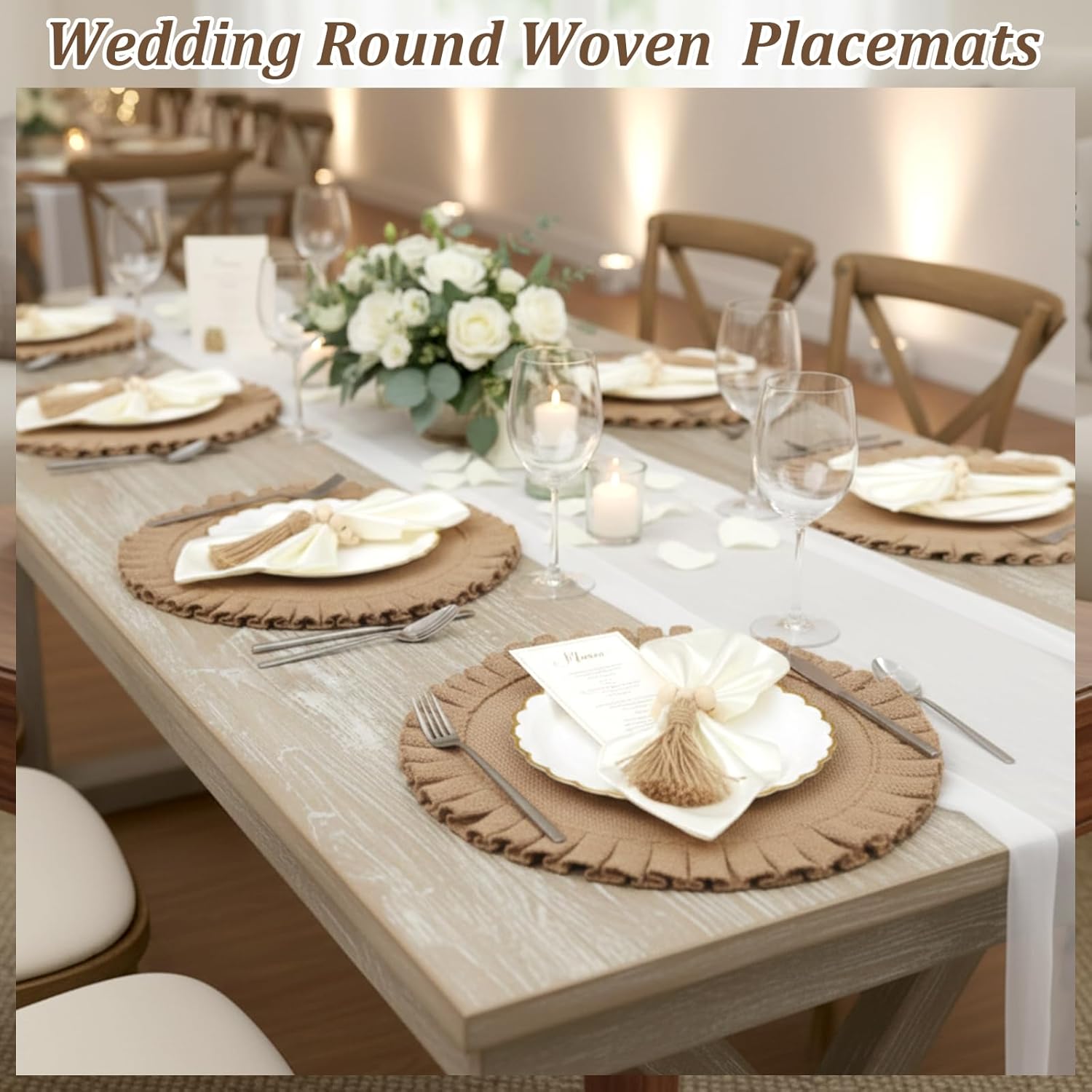 18 Pack Round Burlap Placemats Wood Bead Napkin Rings with Dinner Napkins Cloth, Jute Heat Resistant Placemats Boho Wooden Rings for Plates Wedding Dining Table
