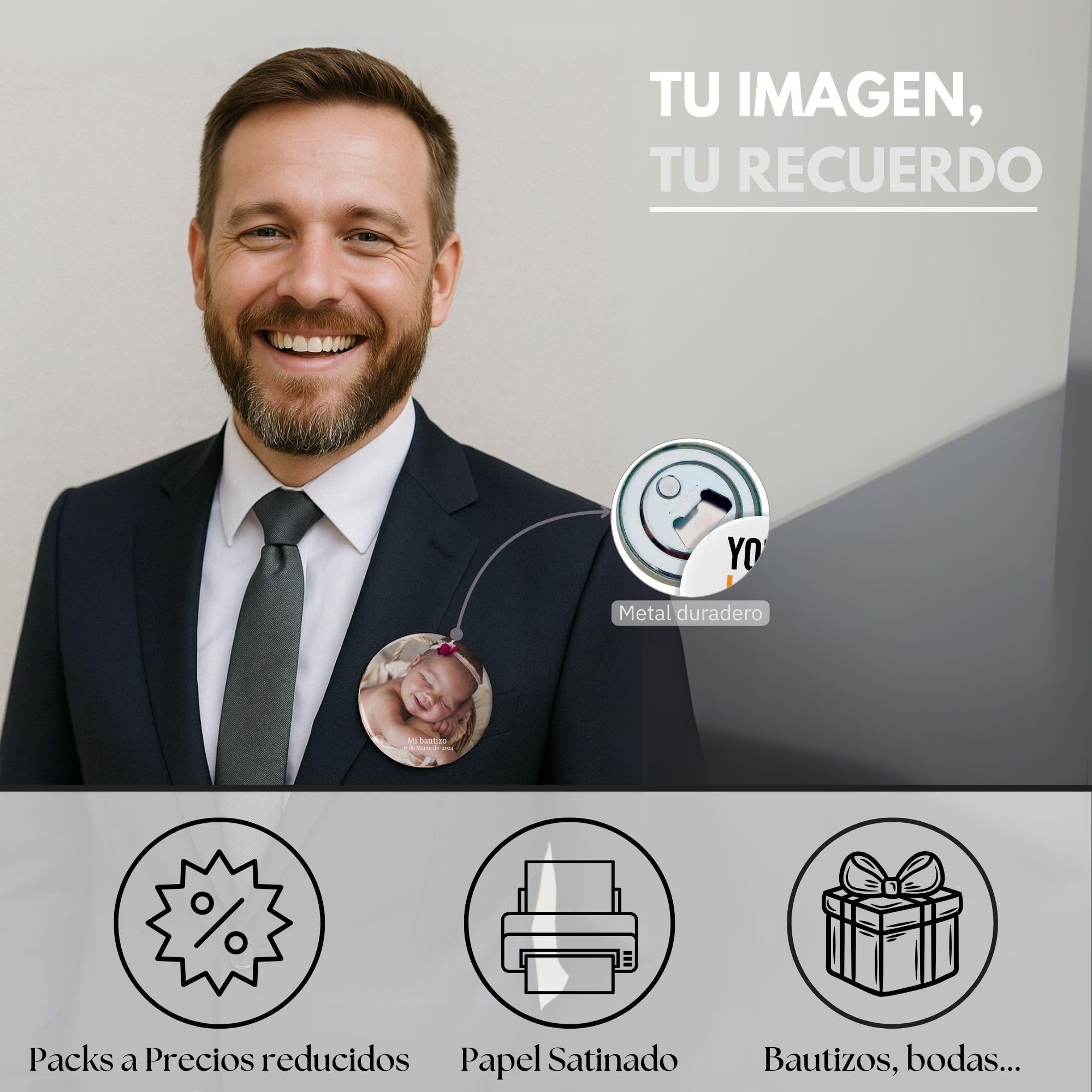 Personalisierter Kühlschrankmagnet mit Foto Personalisierter Flaschenöffner. Personalisierte Fotogeschenke. 59 mm Ø. Verschiedene Stückzahlen verfügbar. 50 Personalisierter Flaschenöffner