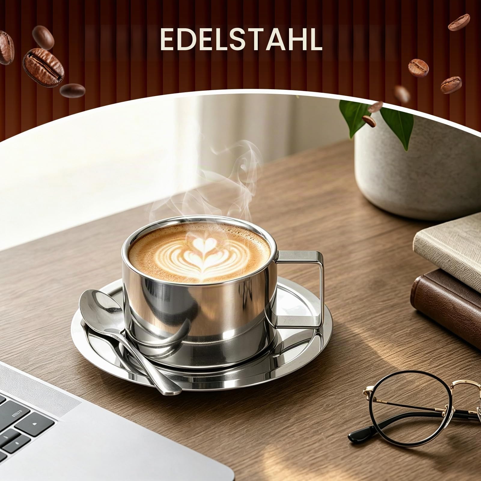 4 Pack Edelstahl Kaffeetasse Set, doppelte Kaffeetassen Tee Tasse Espresso -Tassen mit Löffel und Untertasse für Cappuccino Latte Milk Tea Küchenbedarf