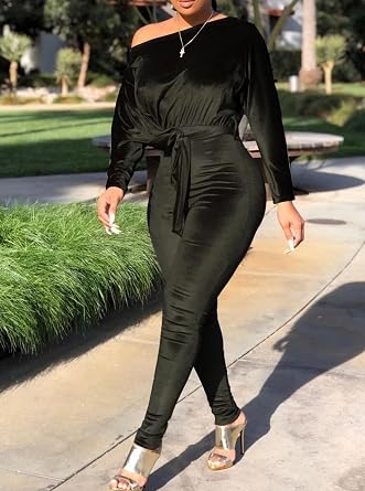 Cocoinsity Womens Velvet Jumpsuit Long Sleeve Solid Rompers Off Shoulder One Piece Jumpsuits
