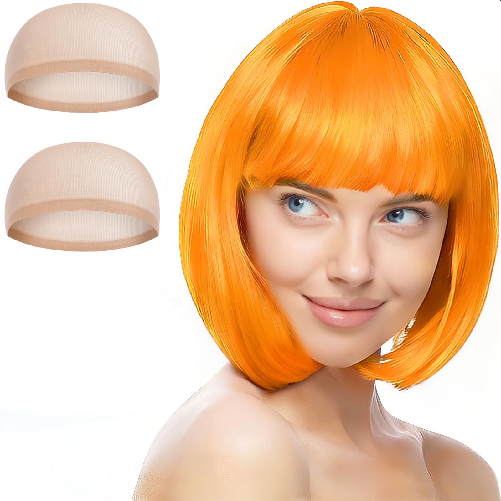 Aomig Kurze Bob Perücken, Wig mit 2 x Haarnetz, Bunte Neon-Bob-Perücke, Pony-Perücke Perücken Haarteile Cosplay für Nachtclub/Tanzen/Karneval/Fasching & Motto Party, Halloween Dekorationen (Orange/B)