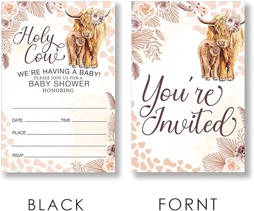 Miniatura 2 de EUDOSI Juego de 20 invitaciones de fiesta de baby shower con sobres, vacas santas, pampas, baby shower, doble cara
