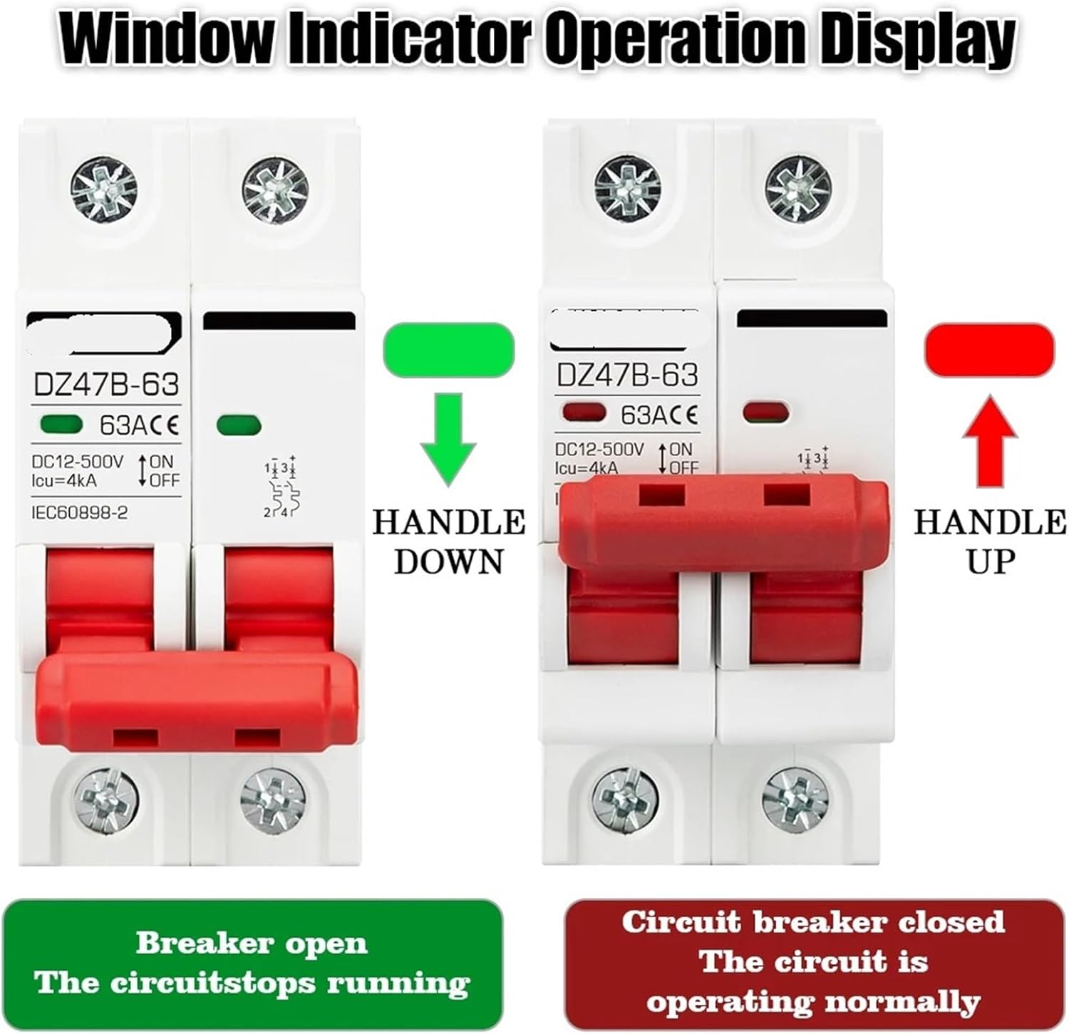1pcs DC12V 24V 48V 36V DC Battery Car Protector Mini Circuit Breaker DZ47 DC Positive and Negative Pole Rotection Switch Isolator(1P,63A)