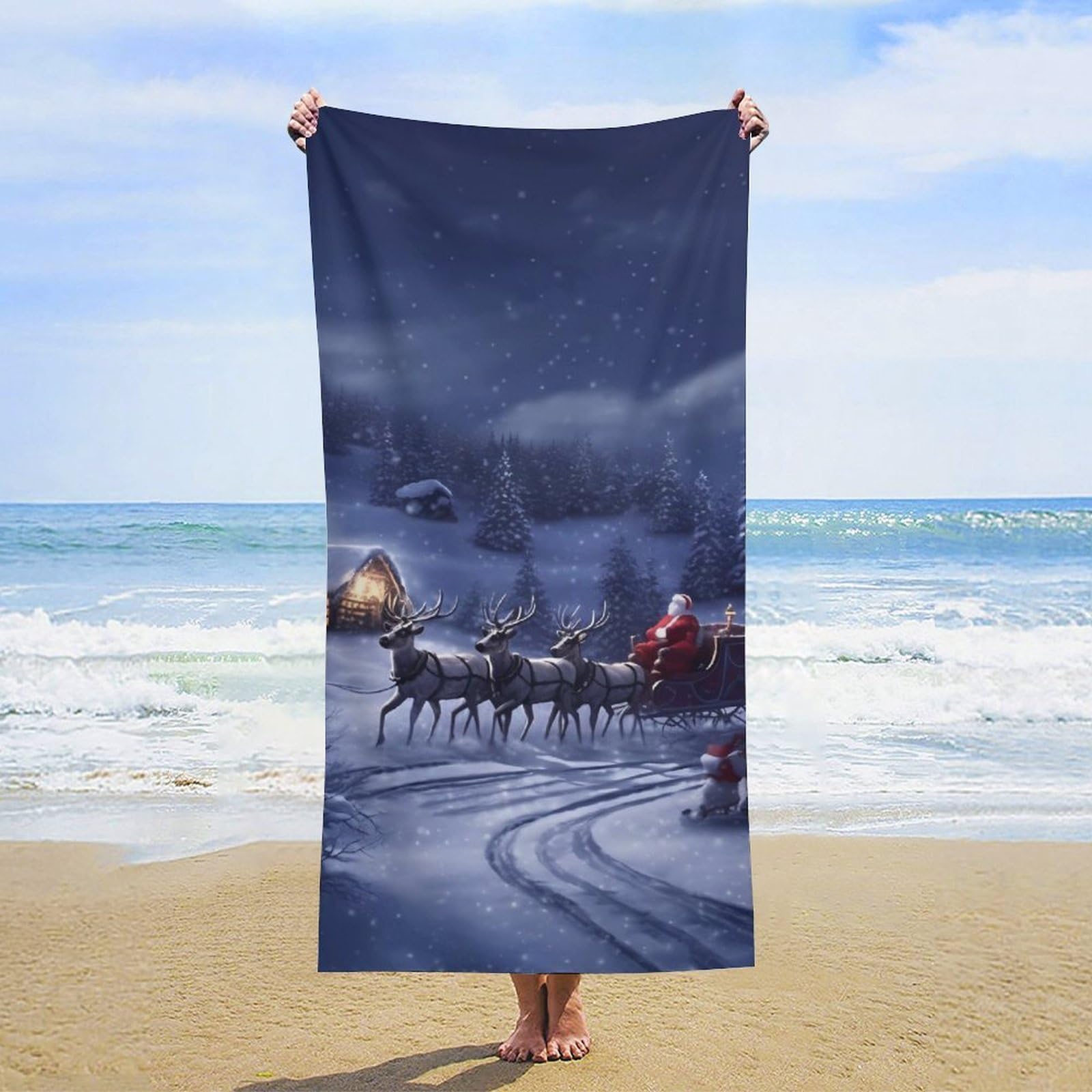 NTVOWPZO Snow Night Santa and Deer Beach Towel Oversized Microfiber Bath Towels Lightweight Sand Proof Beach Towels Absorbent Pool Towels for Swimming Yoga Bathroom Towel 31.5" X 63"