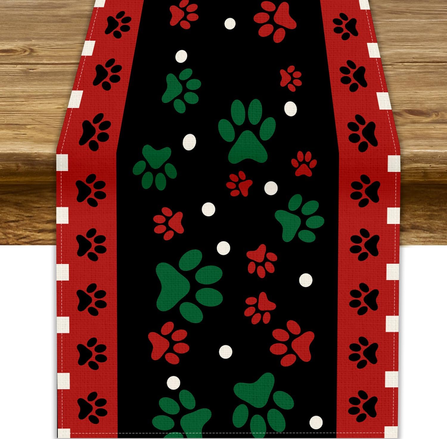 Dog Cat Paw Prints Table Runner, Red Black Xmas Kitchen Dining Table Pet Lover Gifts, Holiday Burlap Home Decoration Indoor Outdoor Party, 13x120 Inch