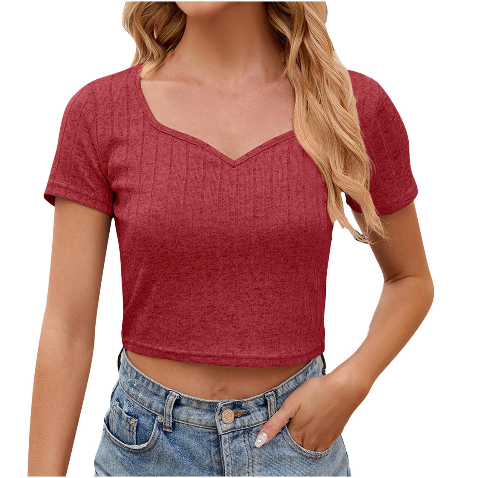 TRIGLICOLEUM Crop Tops Mujer Sexy Monocolor Blusa Algodón Verano Camiseta Cuello de Pico Jersey a Rayas Tops Corto Bodycon Túnica Ajustada Camiseta Básica Algodón Top Niñas Manga Corta Camiseta
