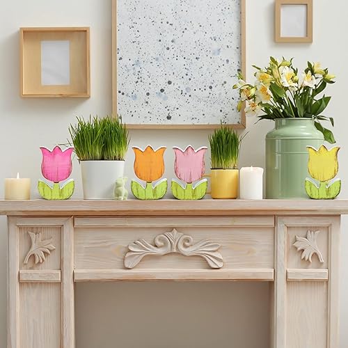 Miniatura 7 de Whaline 4 letreros de madera de tulipanes de primavera, decoración de mesa de flores rústicas, centro de mesa retro para bandeja escalonada,