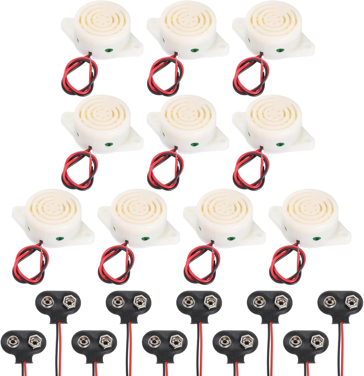 10Pcs Electronic Piezo Buzzer DC3-24V 100dB 3100Hz Active Continuous Beep Alarm Sound with 9V T-Type Battery Connector for Motorcycle Golf Cart White