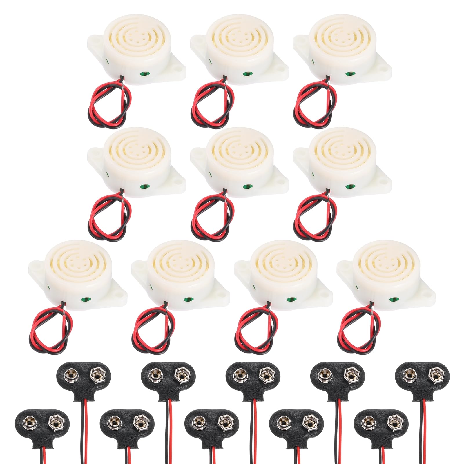 sourcing map 10Pcs DC3-24V 100dB 3100Hz Electronic Piezo Buzzer Alarm Sounder Active Continuous Beep Sound with 9V t Type Battery Connector for Motorcycle Golf Car t Vehicles Car Alarm, White