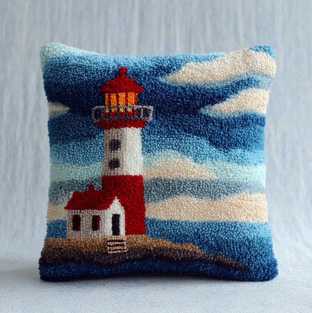 WallustrioaW Latch Hook Cushion Kits for Adults,Lighthouse,Latch Hook Pillow Case Kits Handmade Kids Parents Gift,17x17in