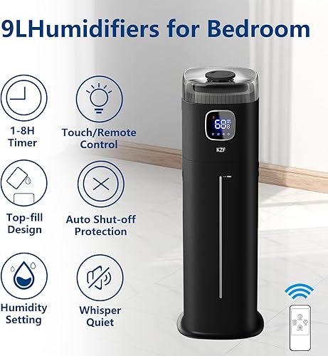 Miniatura 5 de KZF Humidificador grande para dormitorio, humidificador ultrasónico de niebla fría de 9L2.5 galones con humidistato, boquilla de 360, nivel de