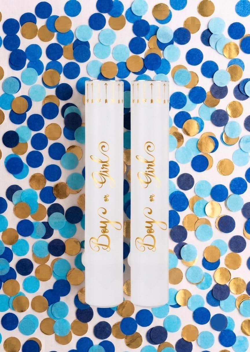 Gender Reveal Confetti Cannon - 2 Blue Poppers | Blue Confetti Poppers with Magic Snap for Gender Reveal, Circle Shaped Blue and Gold Confetti with Button Powered Mechanism