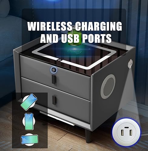 Miniatura 3 de TBQATNTS Mesita de noche con estación de carga, mesas auxiliares de dormitorio con bloqueo de huellas dactilares y altavoz, moderna mesita de noche