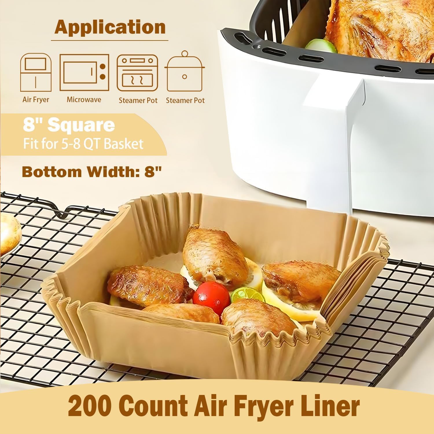 Disposable Parchment Paper for Air Fryer Liners 200 Sheets 8-Inches