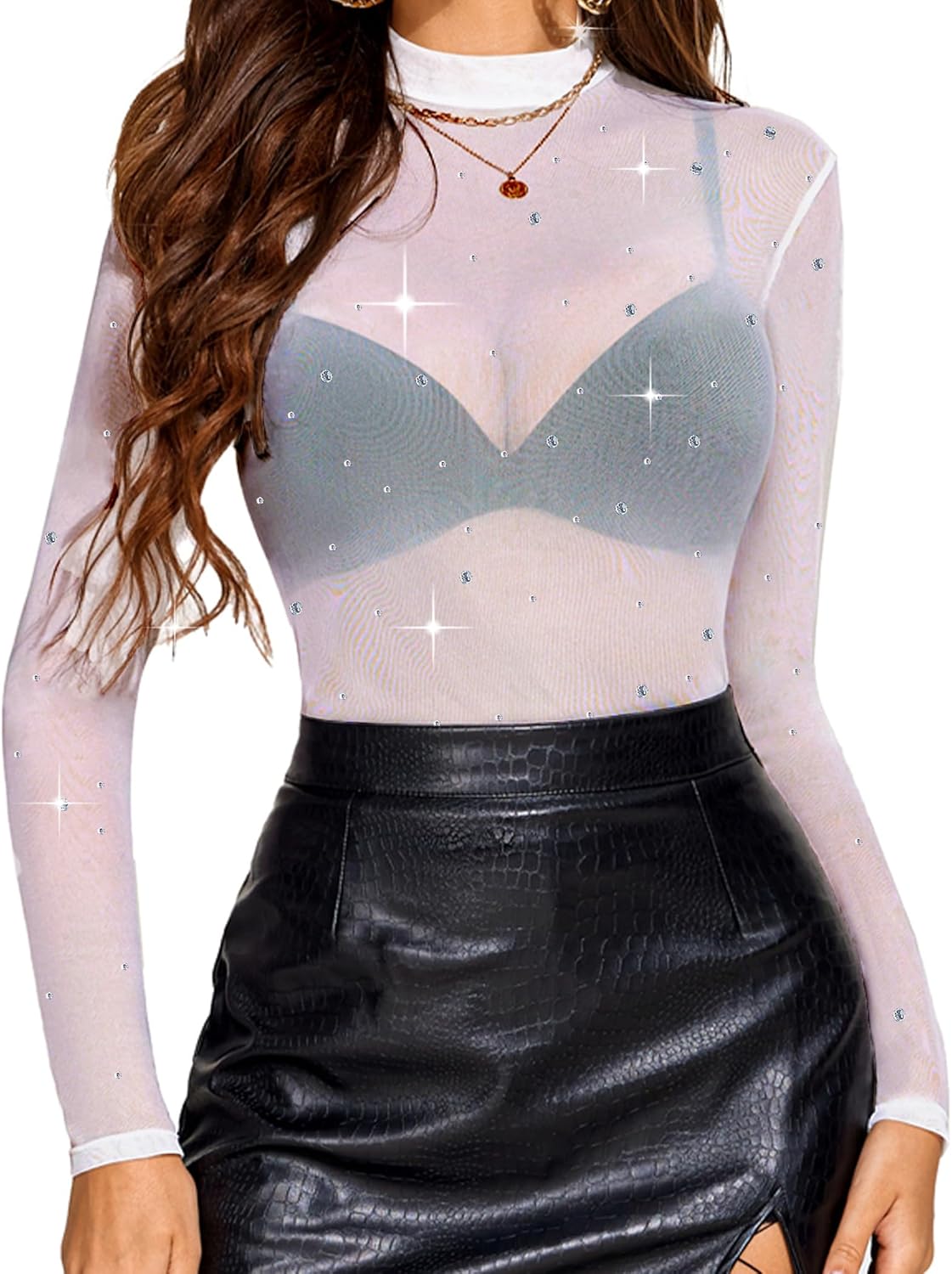Avidlove Mesh Top Women Rhinestone Sheer Tops for Women Long Sleeve See Through Shirt Mock Neck Tee Blouses S-XXL