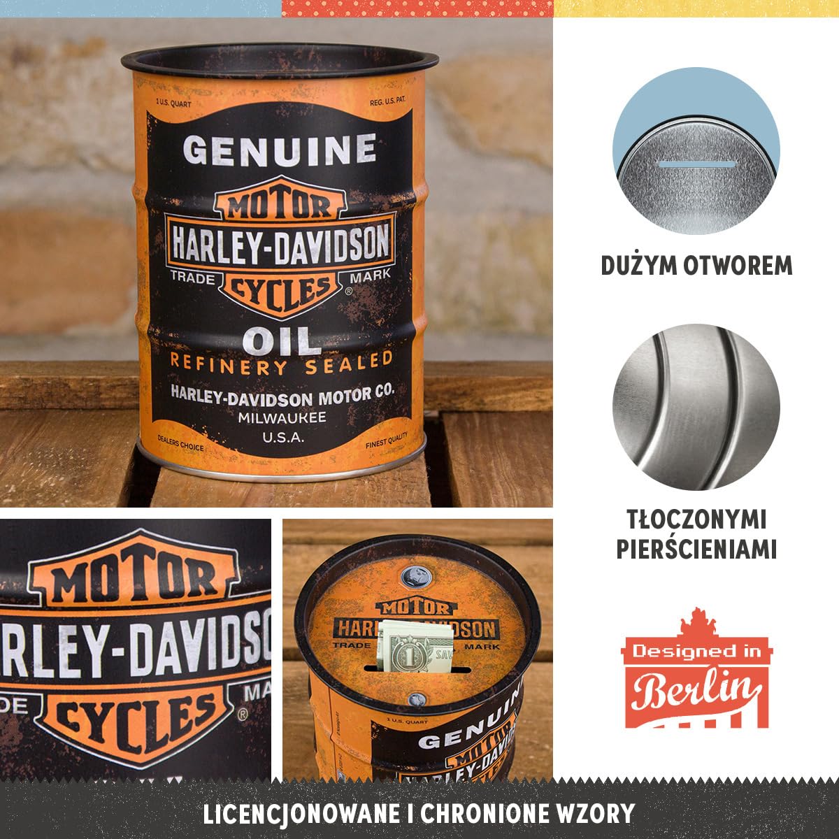Nostalgic-Art Retro skarbonka, 600 ml, Harley-Davidson – Genuine Oil – Pomysł na prezent dla motocyklistów, Official License Product (OLP), metalowa skarbonka, Styl vintage