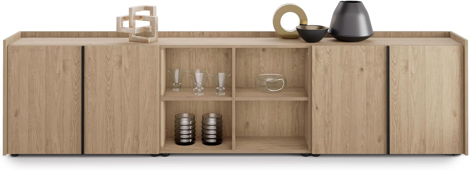 Mobili Fiver, Romina Low Sideboard (107.71x14.17x27.55 in), 4 Doors, Light Oak, Made in Italy