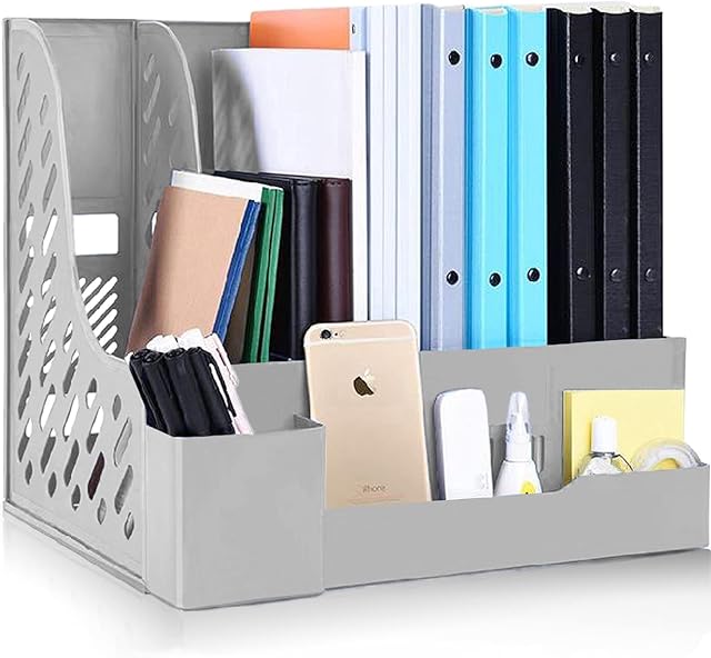 Lemical Desktop File Magazine Organizer 4 Compartments Plastic File Holder Desktop Magazine Storage Rack Sturdy A4 Documents Organiser File Dividers School Office Supplies (Gray with Pen Holder)