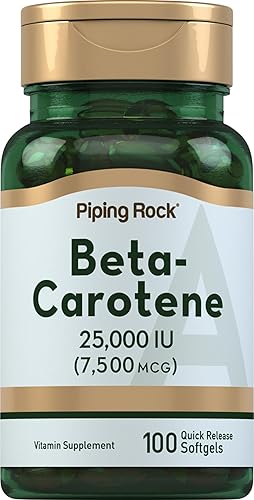 Piping Rock Suplemento de betacaroteno | 25000 UI cápsulas blandas | 7500 mcg | 100 unidades | Vitamina A | Sin OMG, sin gluten