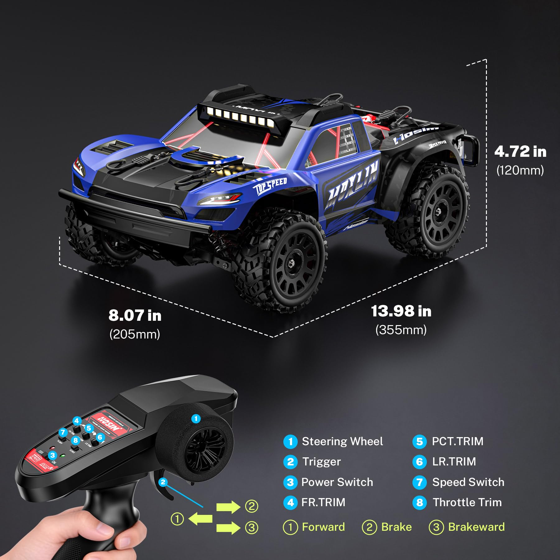 Hosim Camion radiocomandato per adulti e bambini, senza spazzole, 60 km/h, auto elettrica telecomandata fuoristrada, auto radiocomandata fuoristrada, 40+ minuti di gioco con 2 batterie, veicolo