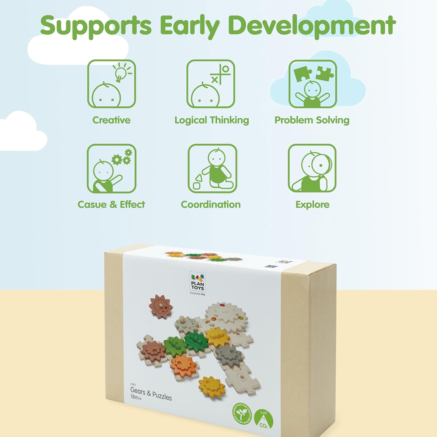 PlanToys® Wooden Gears & Puzzles Set | Montessori STEM Educational Toy | Wooden Gear Building Puzzle for Logical Thinking image 4