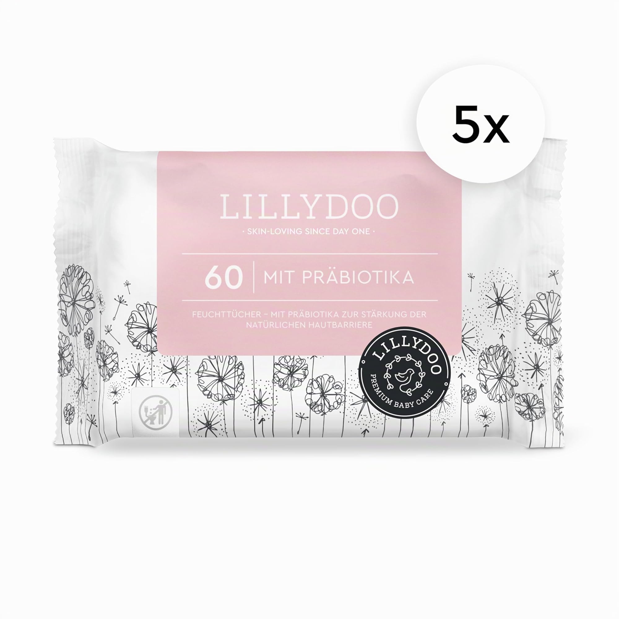 LILLYDOO Salviettine con Prebiotici 300 pezzi (5x60) Extra delicate senza profumi tessuto senza plastica