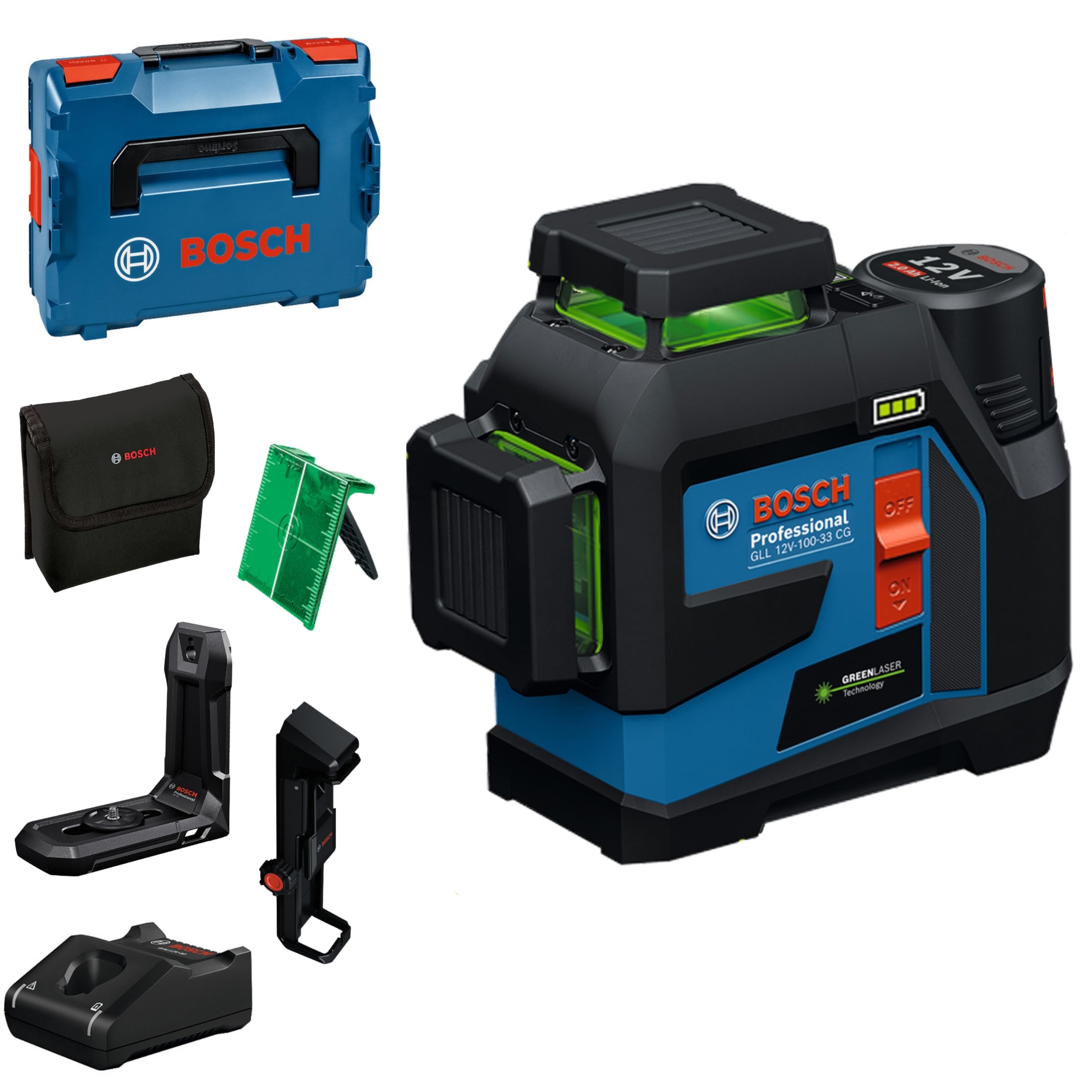 Nivel láser GLL 12V-100-33 CG de Bosch Professional (3 láseres verdes de 360°, 100 m de alcance (radio) con receptor, IP 65, Levelling Remote, LB 10, DK 20, GBA 12V 2.0Ah, GAL 12V-40, funda, L-Boxx)