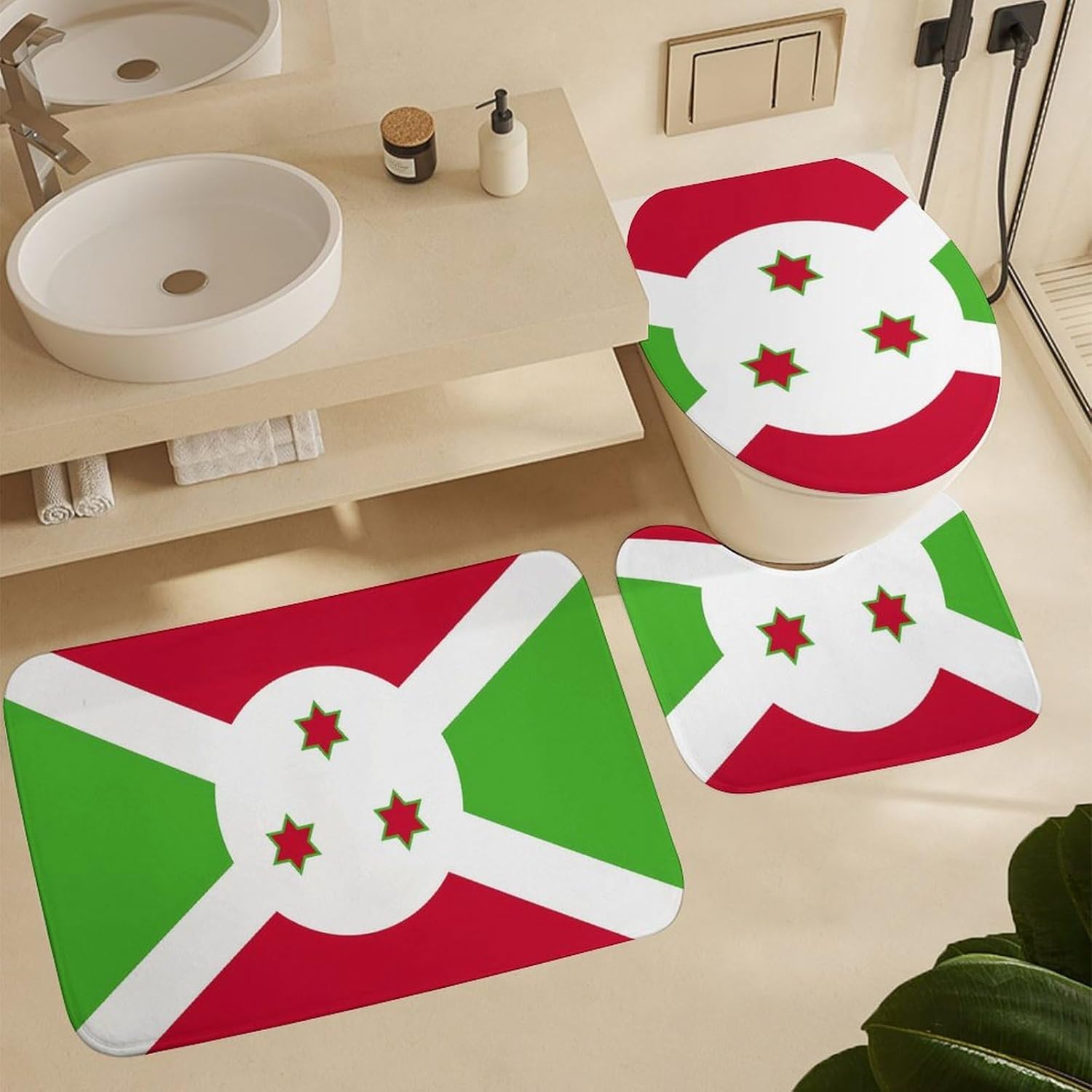 Flag of Burundi Bathroom Sets with Shower Curtain and Rugs 4 Piece with U-Shaped Floor Mat Toilet Lid Cover