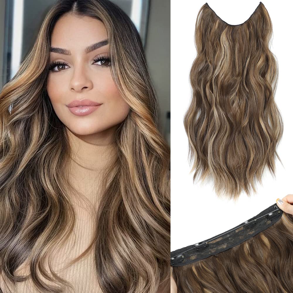 Halo Hair Extensions 20 Inch Invisible Wire Hair Extensions with Adjustable (Brown with Golden Highlights, 20 Inch)