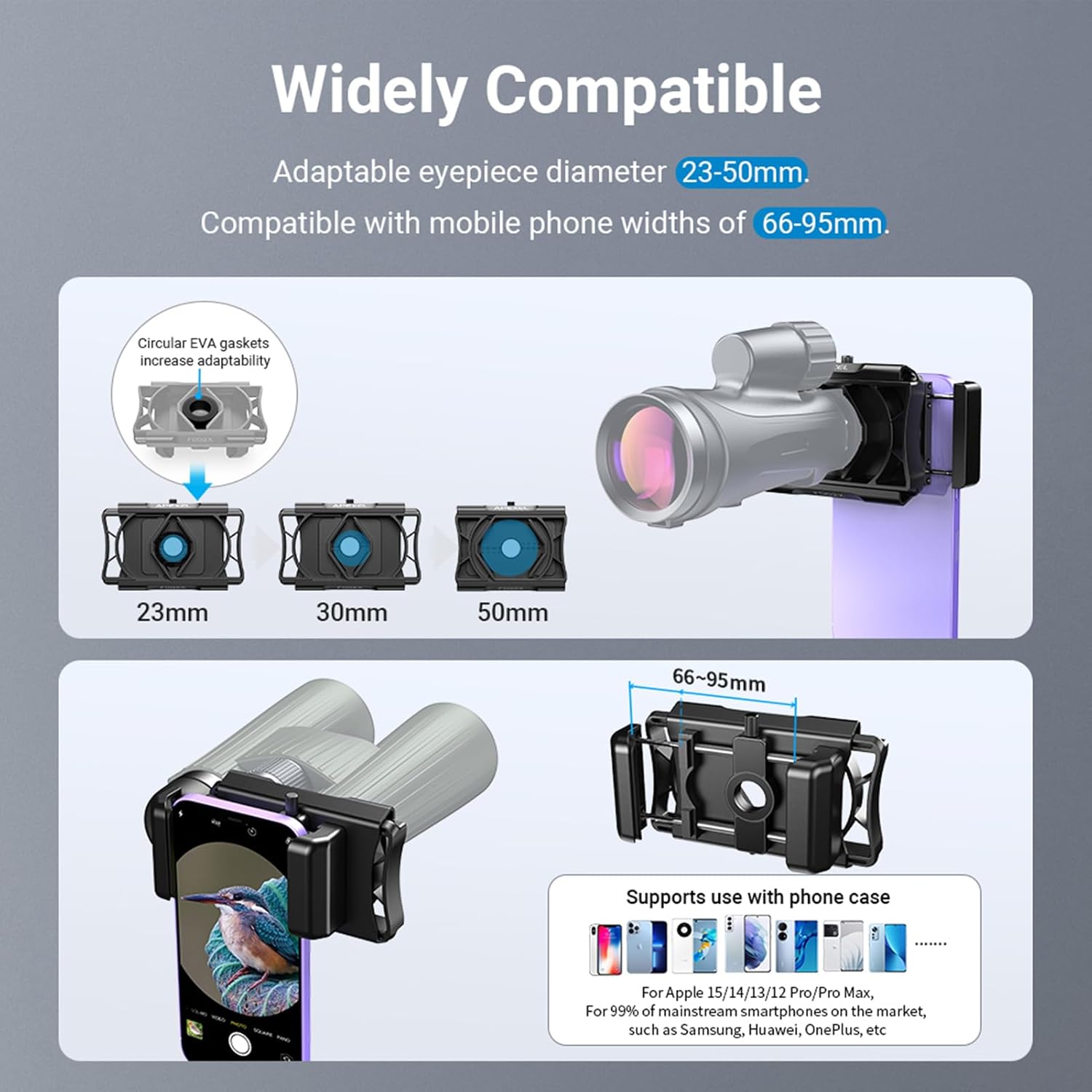 Diagram showing the adapter's compatibility with eyepiece diameters from 23-50mm and phone widths from 66-95mm, including various EVA gaskets for different eyepiece sizes.