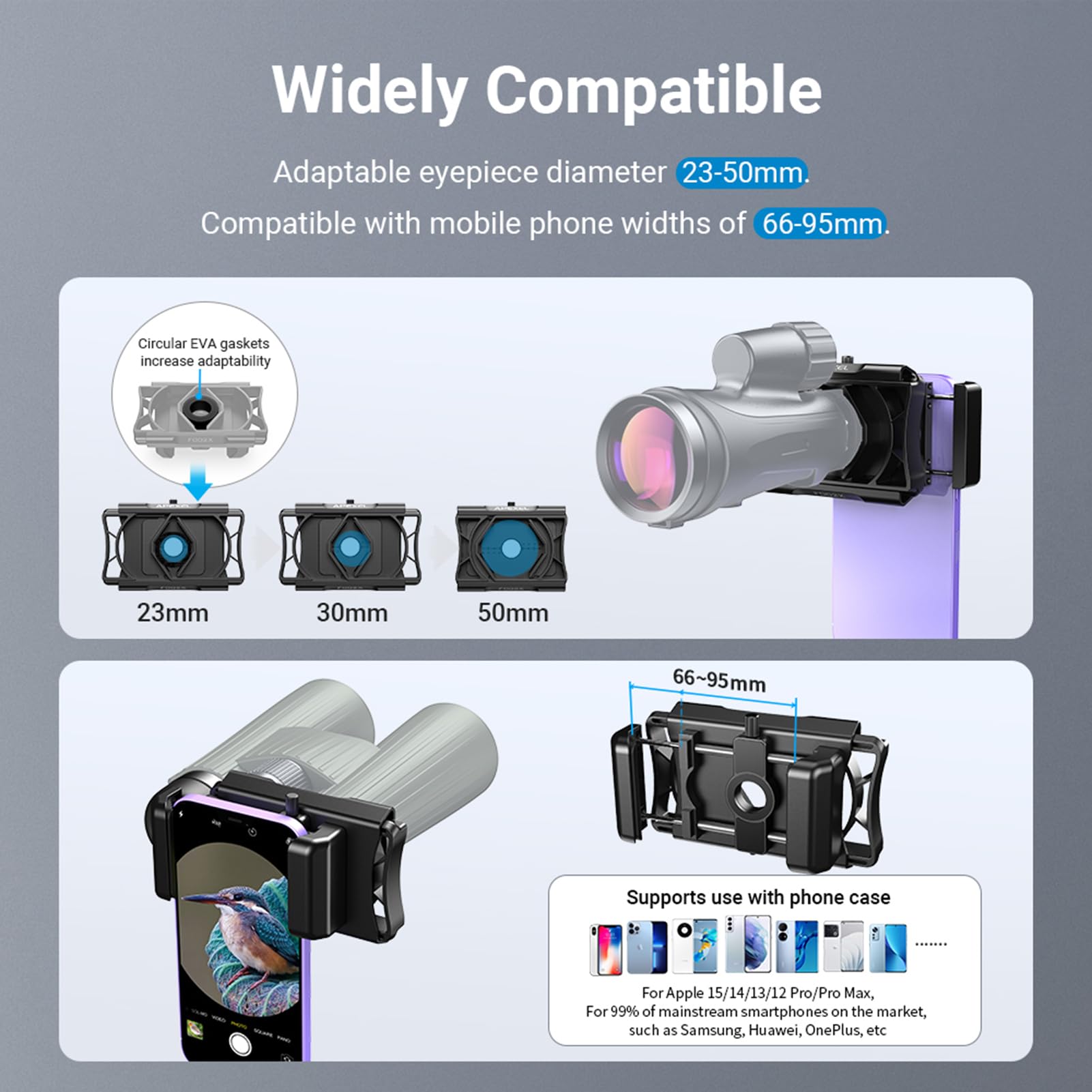 APL-F002X - Adaptador de teléfono para telescopio, soporte giratorio para teléfono para microscopio monocular, adaptador de fotos binoculares, adaptador de Digiscoping para smartphone