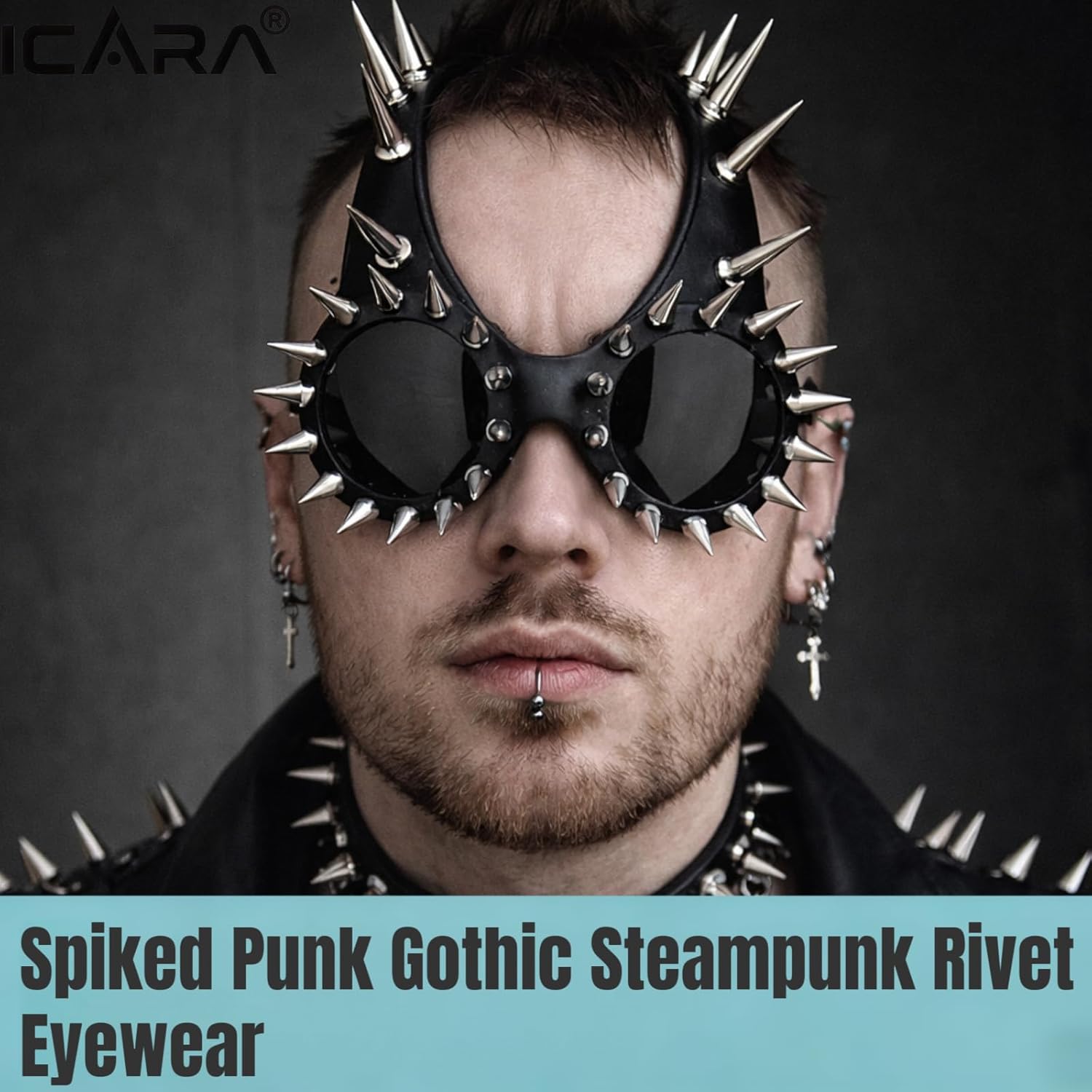 ICARA Spiked Punk Sunglasses for Men Women, Gothic Steampunk Rivet Eyewear, UV400 Protection for Rave Cosplay